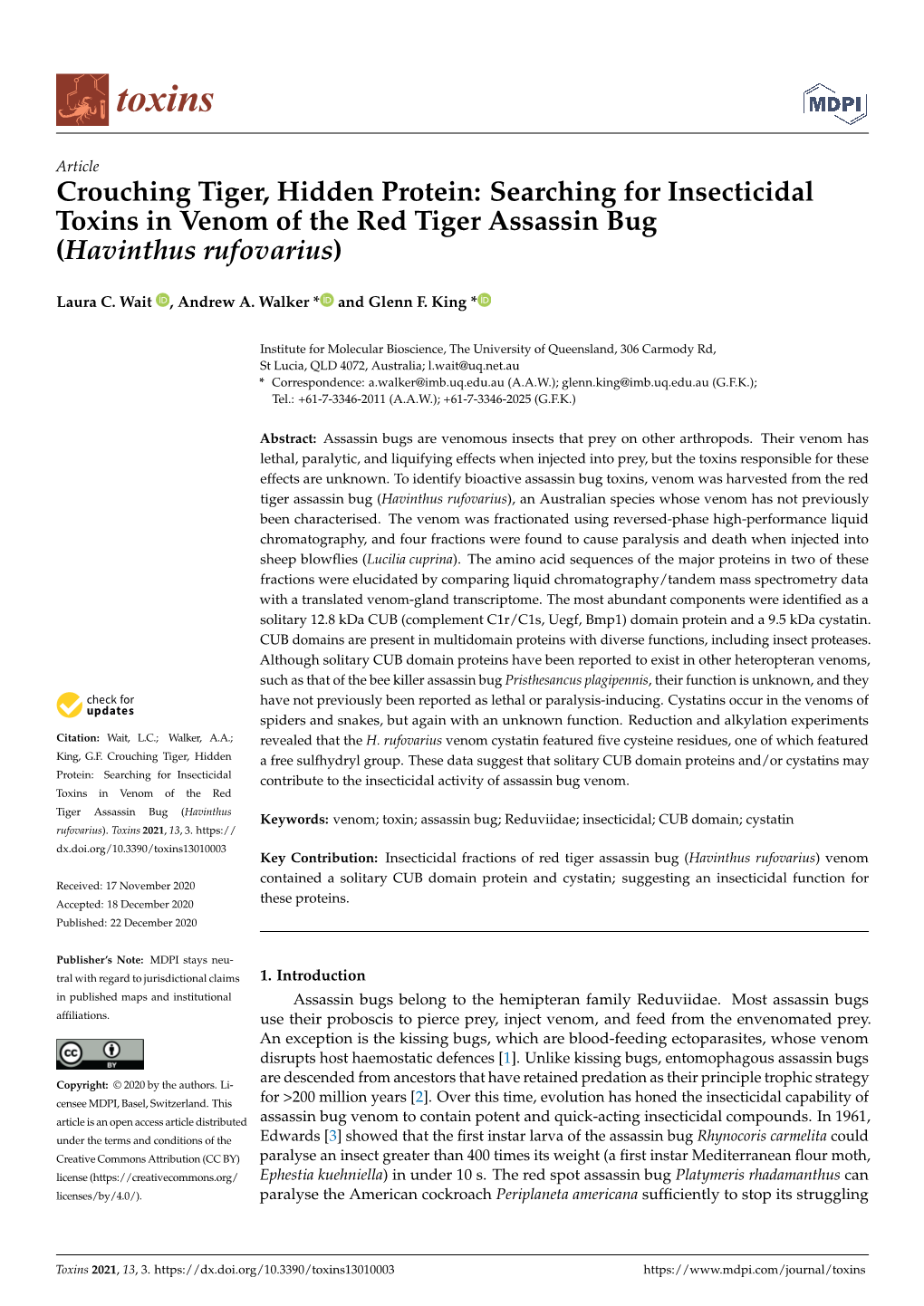 Searching for Insecticidal Toxins in Venom of the Red Tiger Assassin Bug (Havinthus Rufovarius)