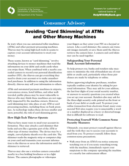 Consumer Advisory: Avoiding 'Card Skimming' at Atms and Other