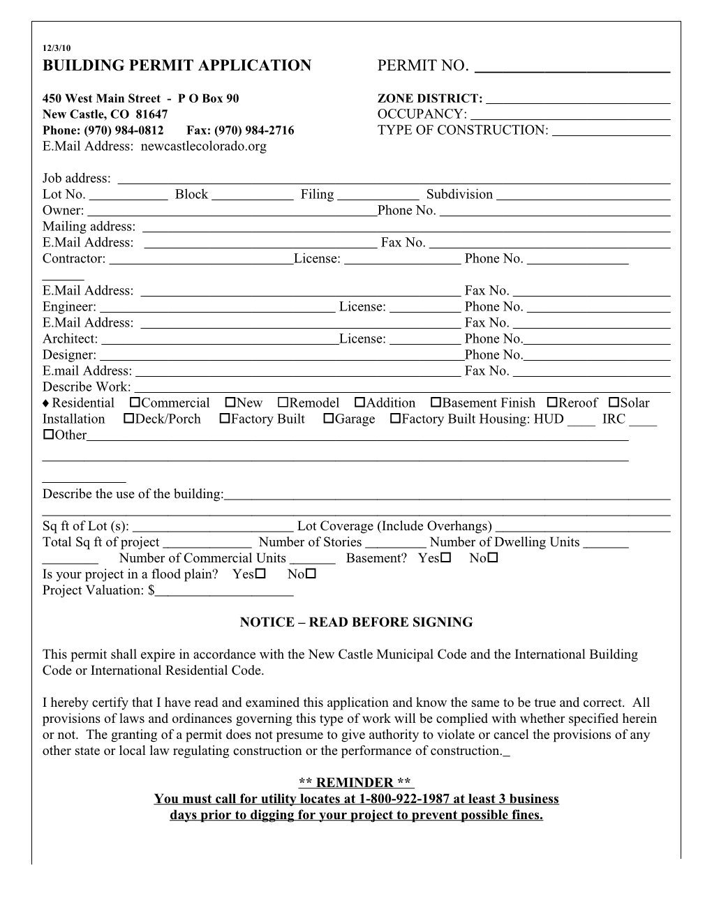 Town of Silt Building Permit Application