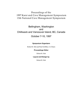 Proceedings of the 1997 Karst and Cave Management Symposium 13Th National Cave Management Symposium