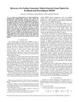 Recovery of a Lattice Generator Matrix from Its Gram Matrix for Feedback and Precoding in MIMO