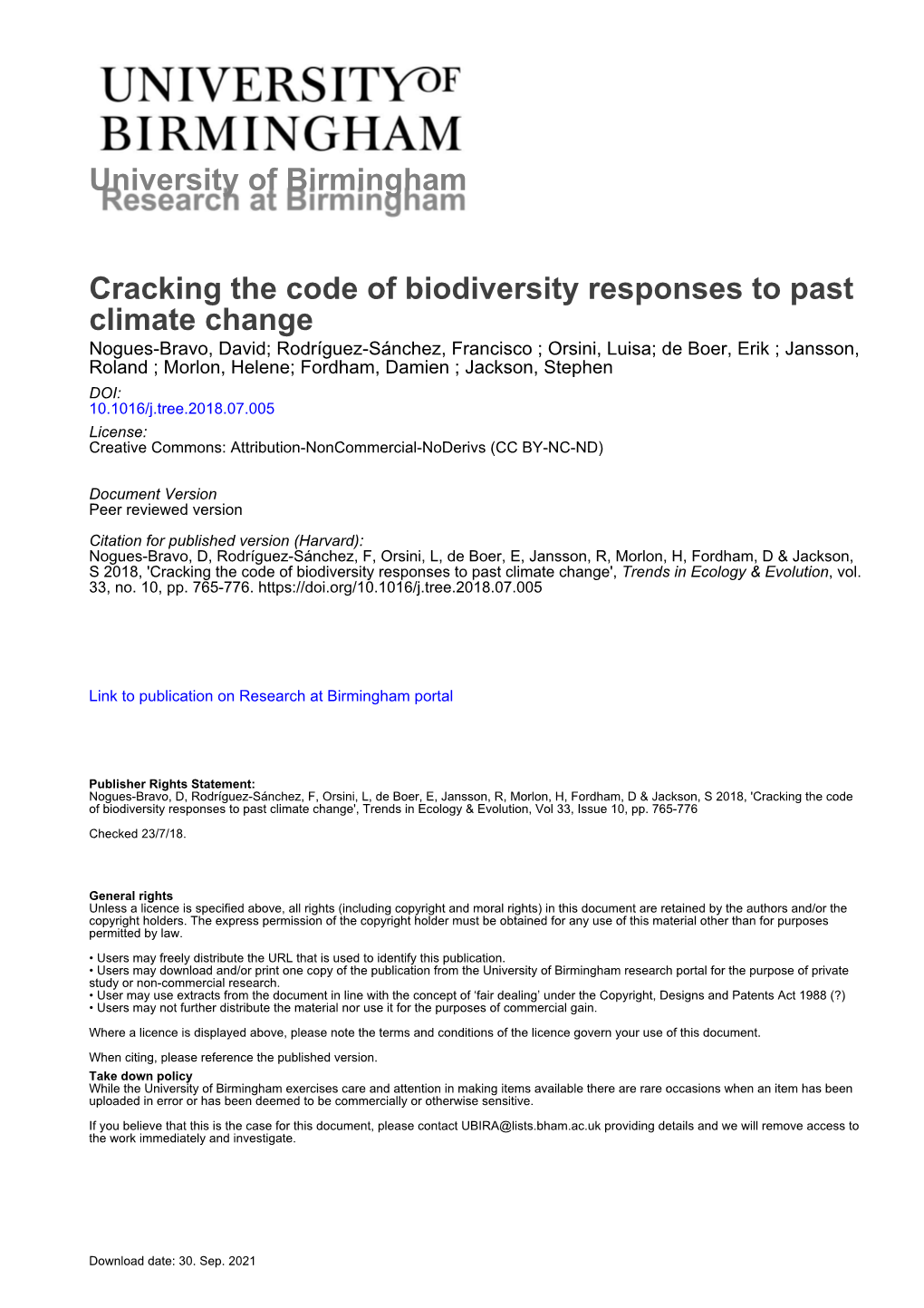 University of Birmingham Cracking the Code of Biodiversity Responses To