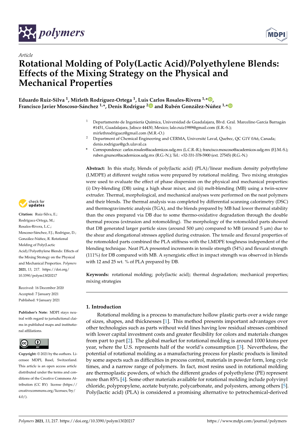 Rotational Molding of Poly(Lactic Acid)/Polyethylene Blends: Effects of the Mixing Strategy on the Physical and Mechanical Properties