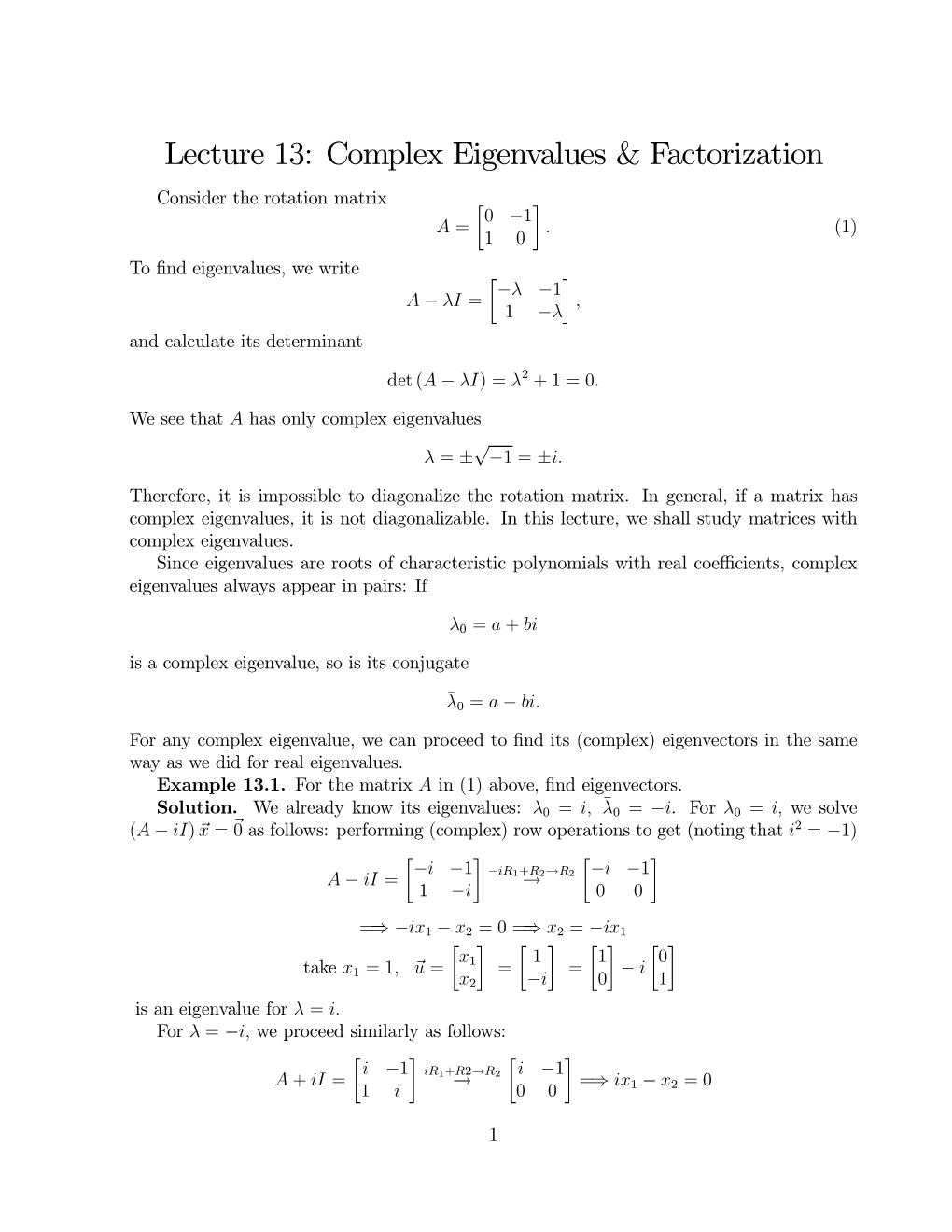 Lecture 13: Complex Eigenvalues & Factorization