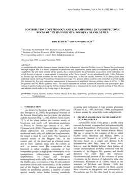 CONTRIBUTION to PETROLOGY and K/Ar AMPHIBOLE DATA for PLUTONIC ROCKS of the HAGGIER MTS., SOCOTRA ISLAND, YEMEN