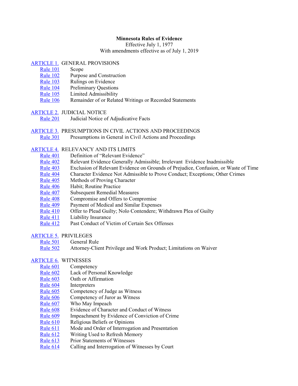 Minnesota Rules of Evidence Effective July 1, 1977 with Amendments Effective As of July 1, 2019