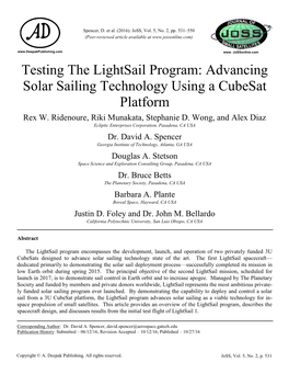 Testing the Lightsail Program: Advancing Solar Sailing Technology Using a Cubesat Platform Rex W