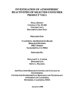 INVESTIGATION of ATMOSPHERIC REACTIVITIES of SELECTED CONSUMER PRODUCT Voes