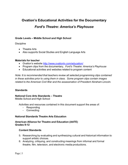 Ovation's Educational Activities for the Documentary Ford's Theatre