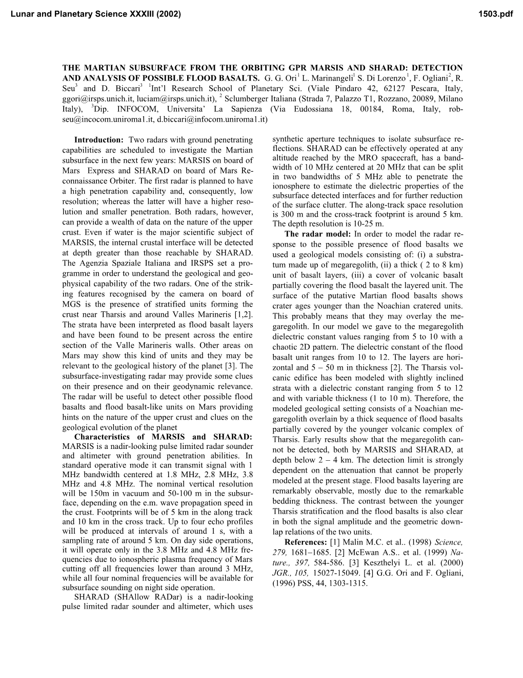 The Martian Subsurface from the Orbiting Gpr Marsis and Sharad: Detection and Analysis of Possible Flood Basalts