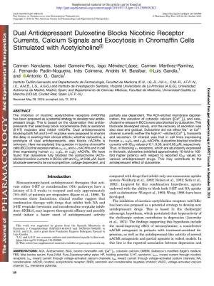 Dual Antidepressant Duloxetine Blocks Nicotinic Receptor Currents, Calcium Signals and Exocytosis in Chromaffin Cells Stimulated with Acetylcholine S