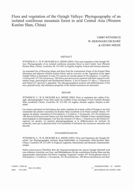 Flora and Vegetation of the Oytagh Valleys: Phytogeography of an Isolated Coniferous Mountain Forest in Arid Central Asia (Western Kunlun Shan, China)