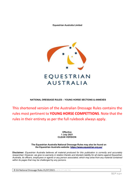 This Shortened Version of the Australian Dressage Rules Contains the Rules Most Pertinent to YOUNG HORSE COMPETTIONS