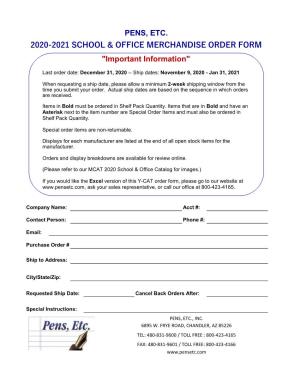 Pens, Etc. 2020-2021 School & Office Merchandise Order Form