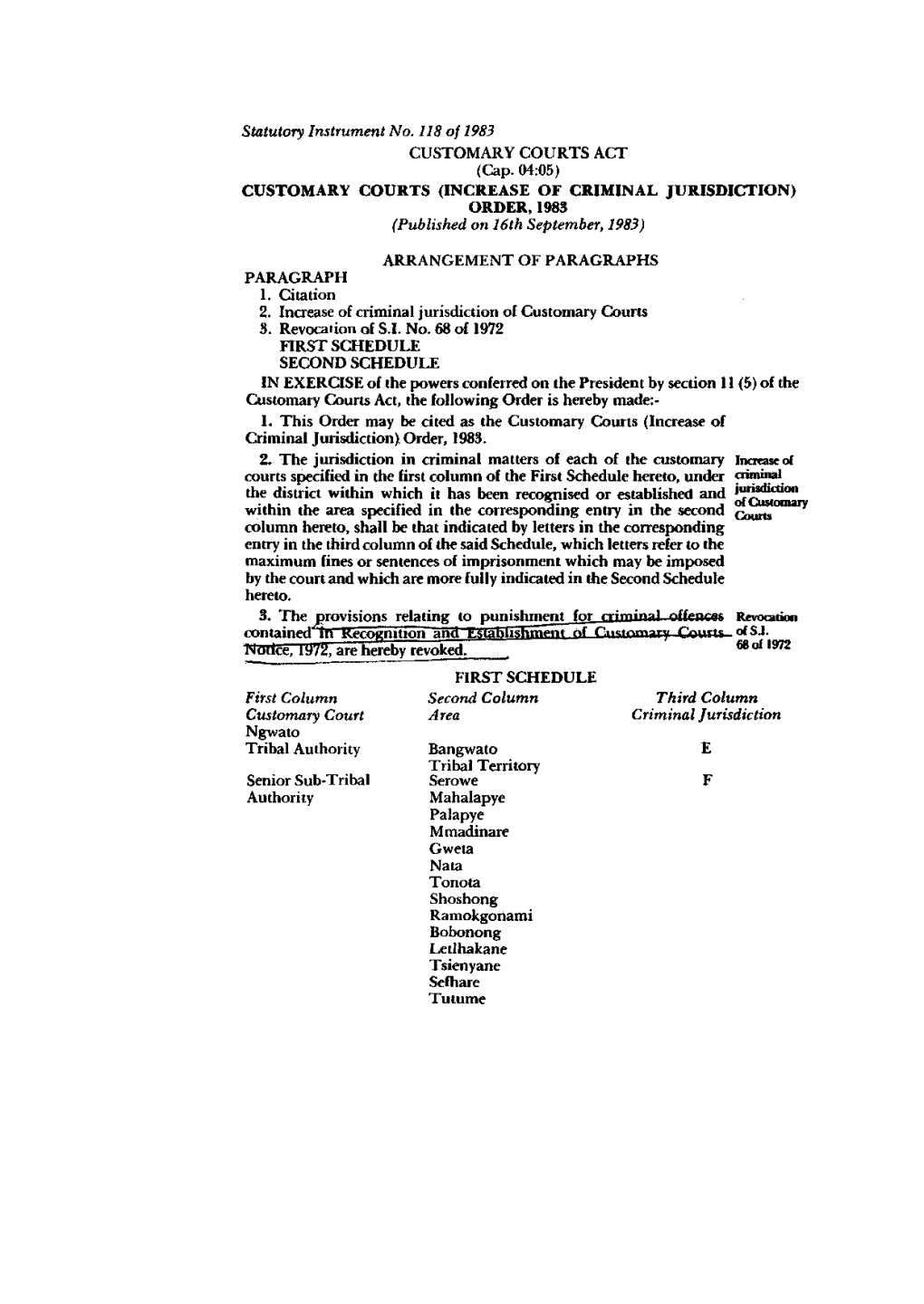 CUSTOMARY COURTS (INCREASE of CRIMINAL JURISDICTION) ORDER, 1983 (Published on 16Th September, 1983)