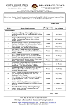 List of State Nursing Council Recognised Institutions Offering P B B.Sc(N) Programme Inspected Under Section 13 and 14 of INC Act for the Academic Year 2017-2018