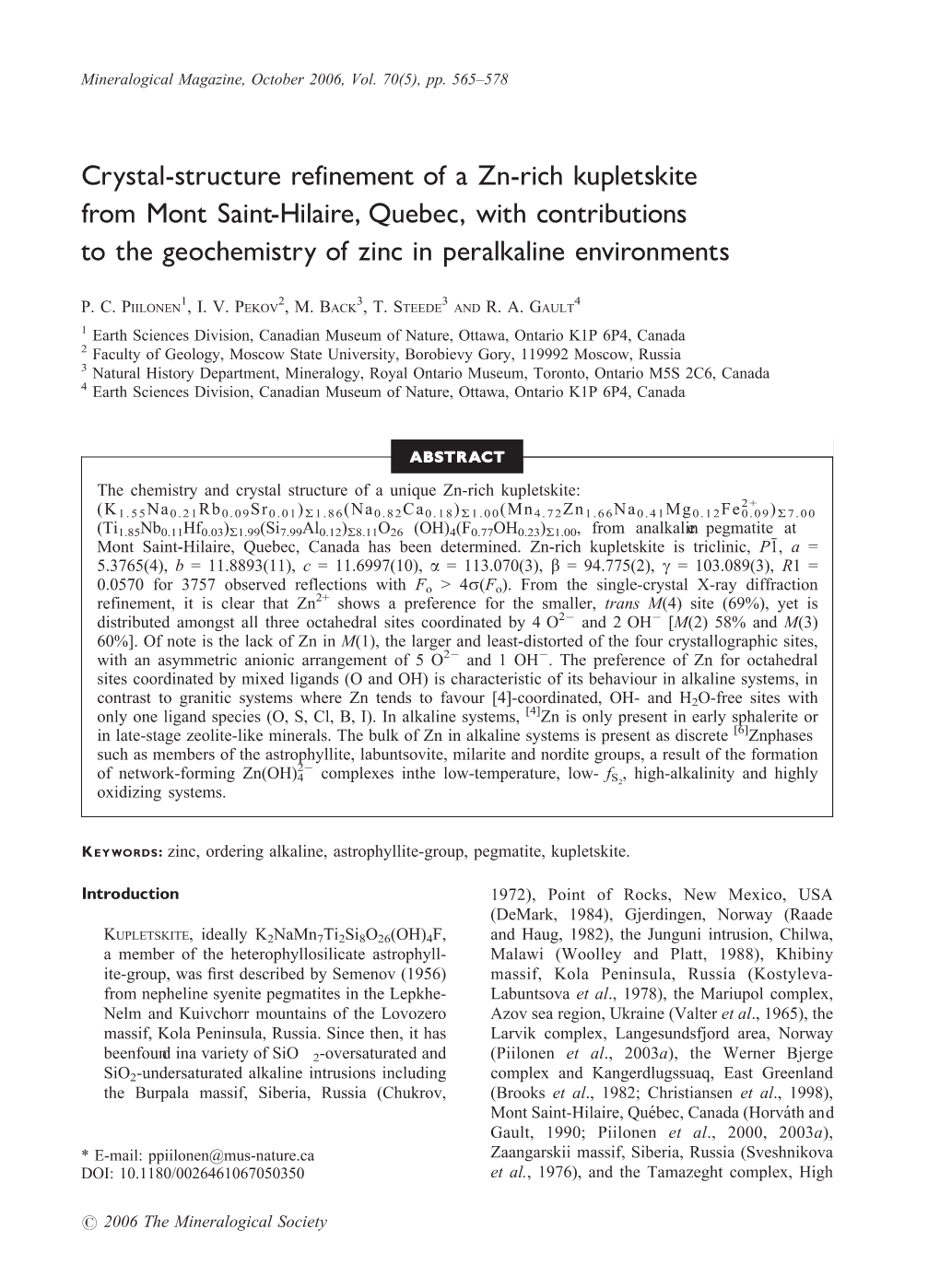 Crystal-Structure Refinement of a Zn-Rich Kupletskite from Mont Saint-Hilaire, Quebec, with Contributions to the Geochemistry of Zinc in Peralkaline Environments