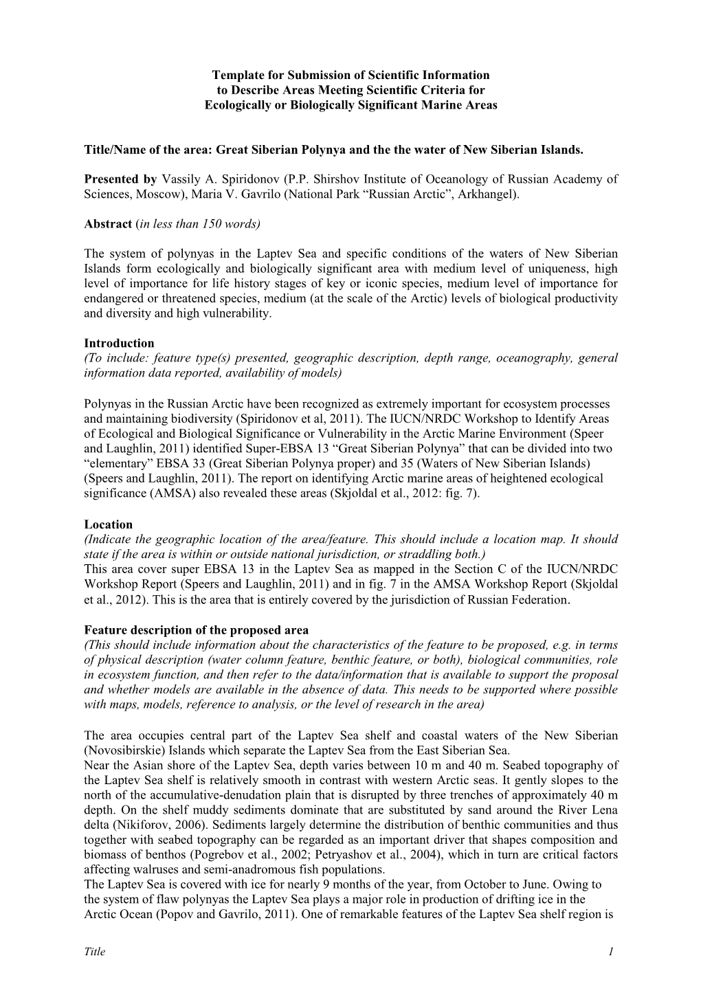 Template for Submission of Scientific Information to Describe Areas Meeting Scientific Criteria for Ecologically Or Biologically Significant Marine Areas