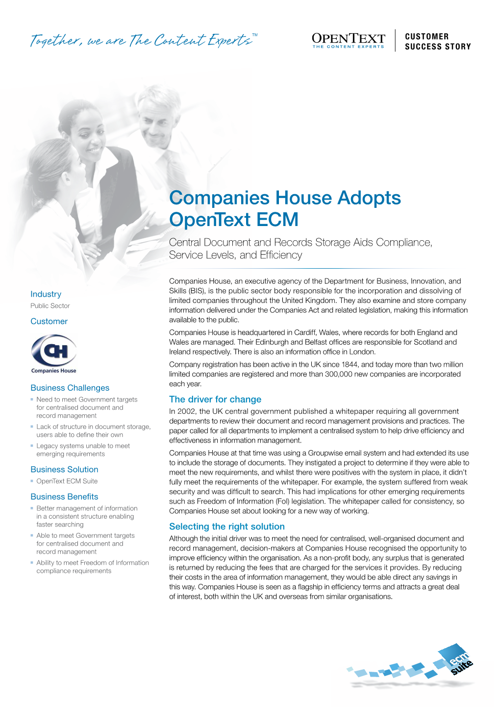 Companies House Adopts Opentext ECM Central Document and Records Storage Aids Compliance, Service Levels, and Efficiency