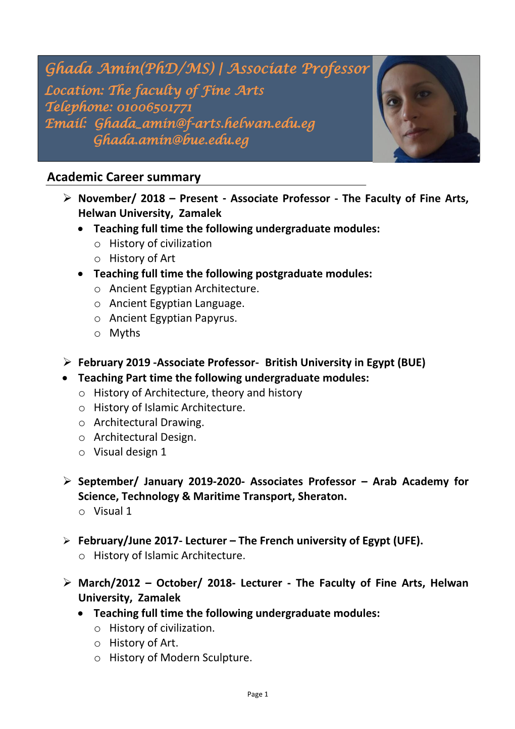 Academic Career Summary Ghada Amin(Phd/MS) | Associate