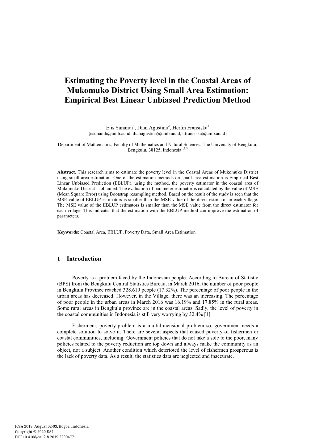 Estimating the Poverty Level in the Coastal Areas of Mukomuko District Using Small Area Estimation: Empirical Best Linear Unbiased Prediction Method