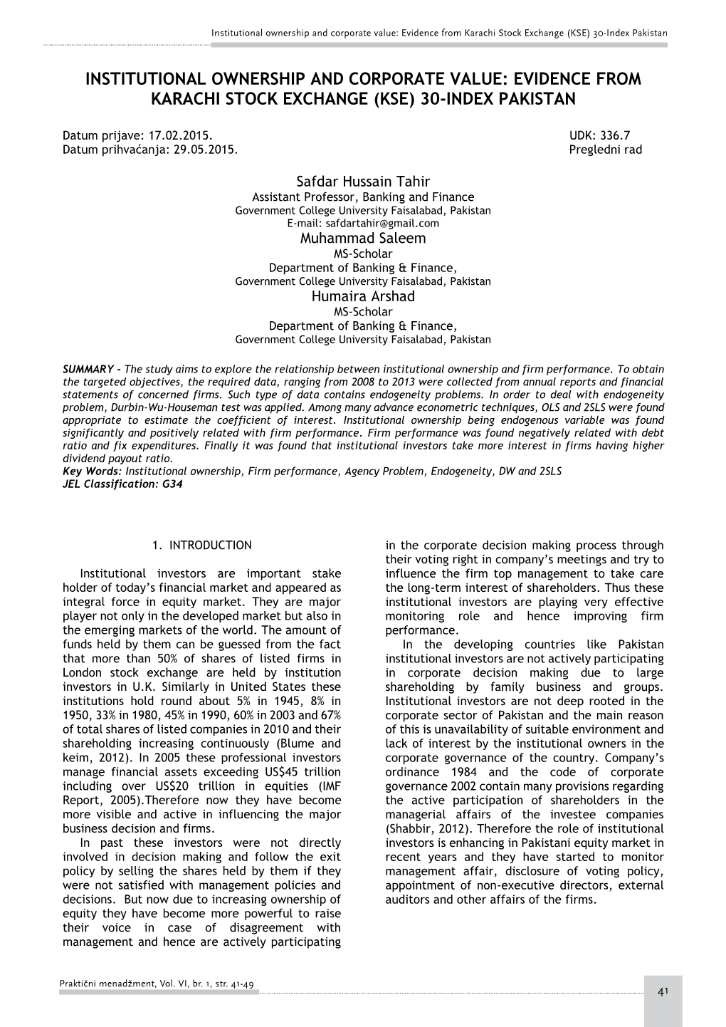 Institutional Ownership and Corporate Value: Evidence from Karachi Stock Exchange (KSE) 30-Index Pakistan