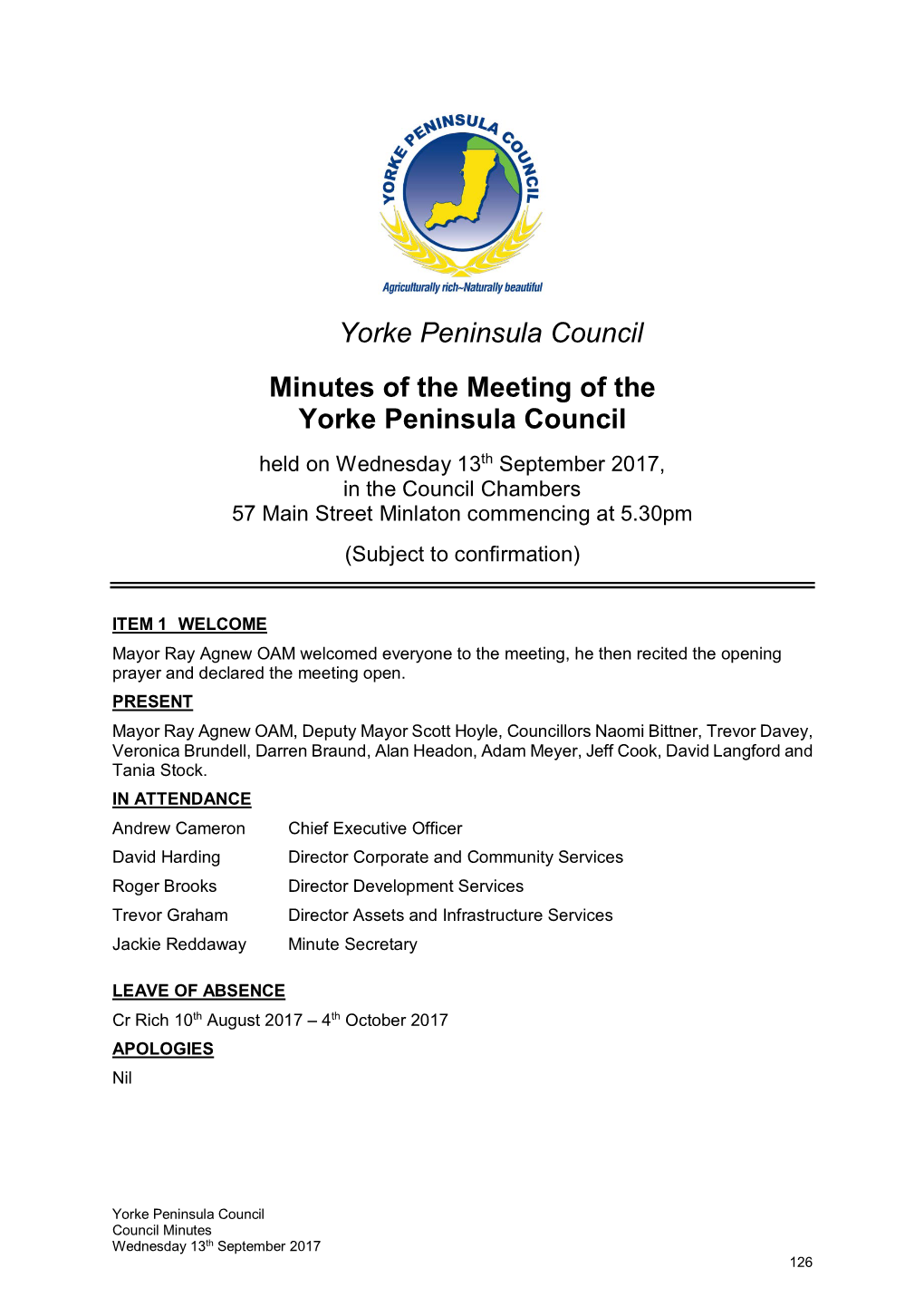Yorke Peninsula Council Minutes of the Meeting of the Yorke Peninsula Council