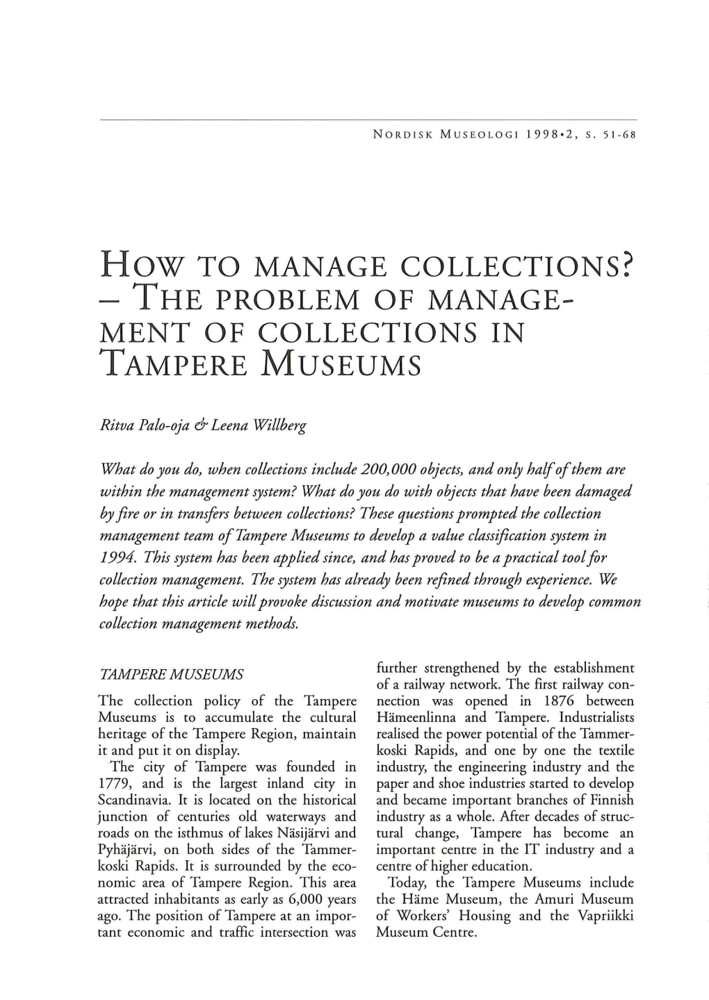 Ment of Collections in Tampere Museums