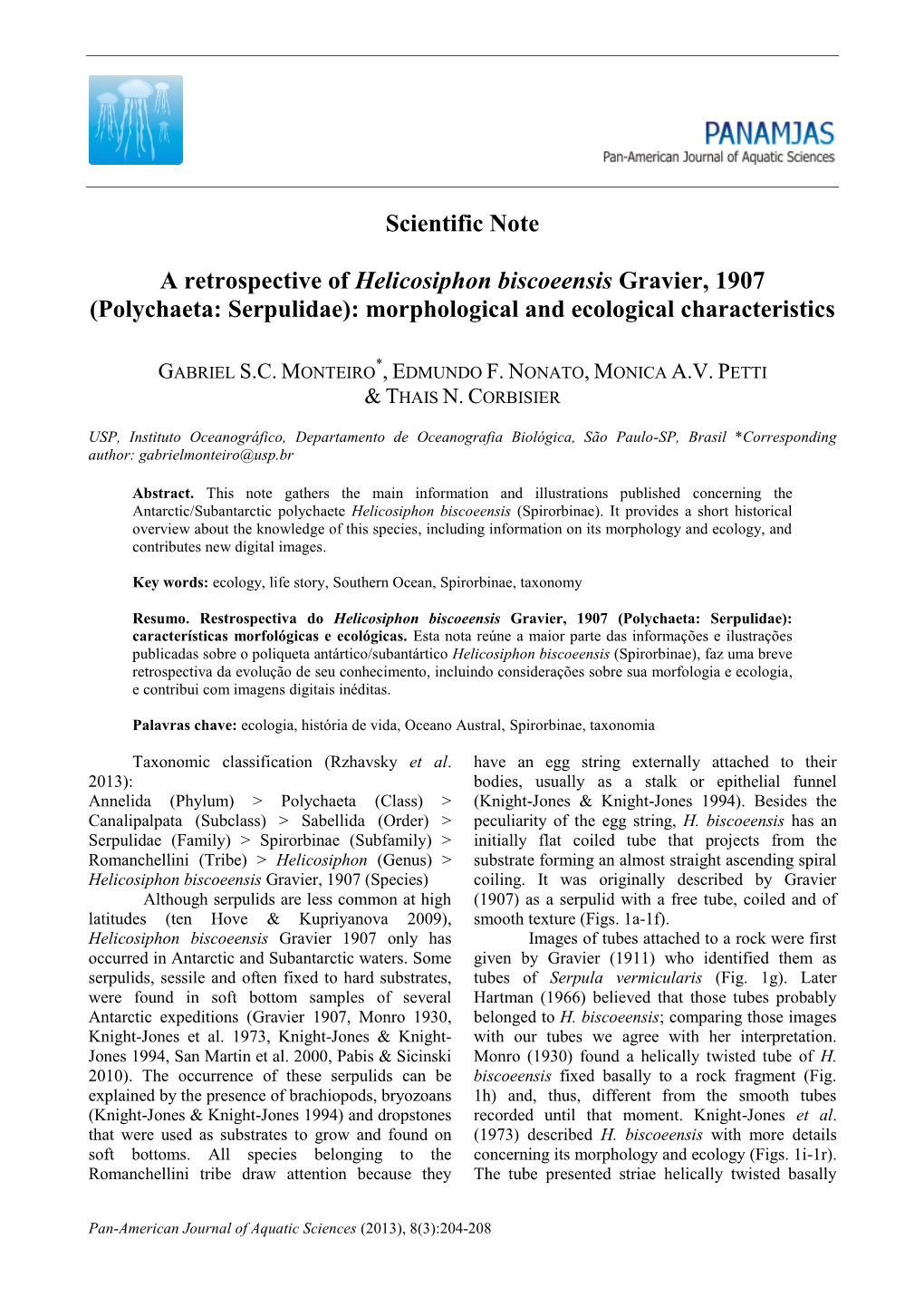 Scientific Note a Retrospective of Helicosiphon Biscoeensis Gravier