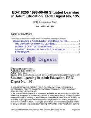 Situated Learning in Adult Education. ERIC Digest No
