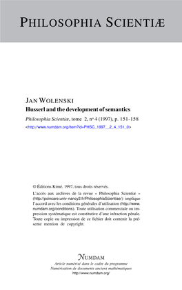 Husserl and the Development of Semantics Philosophia Scientiæ, Tome 2, No 4 (1997), P