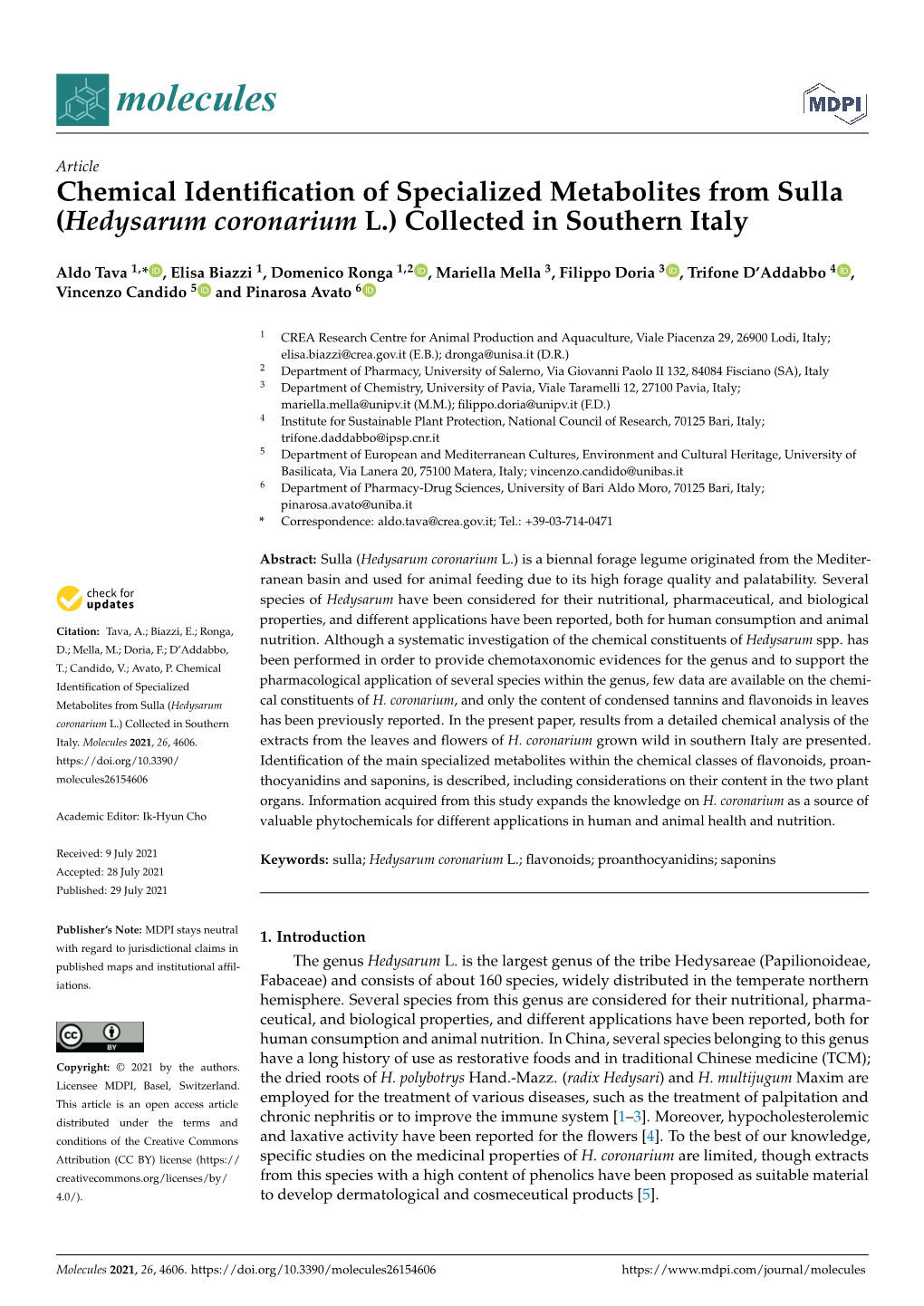 Chemical Identification of Specialized Metabolites from Sulla (Hedysarum