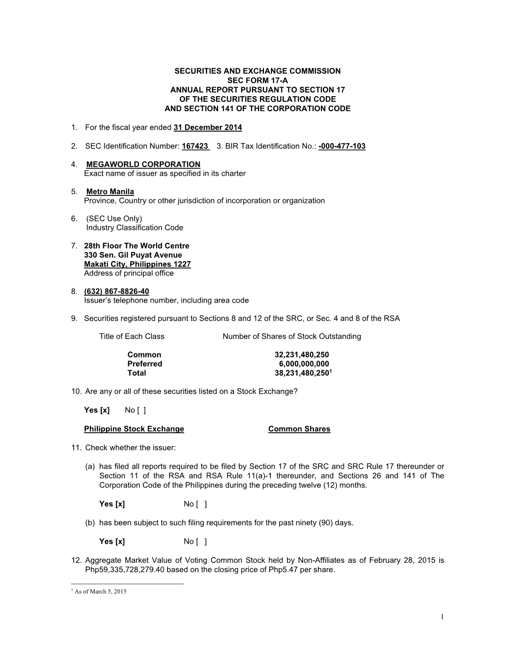 1 Securities and Exchange Commission Sec Form 17-A