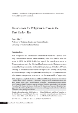 Foundations for Religious Reform in the First Pahlavi Era,” Iran Nameh, 30:3 (Fall 2015), XLVI-LXXXVII
