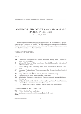 A Bibliography of Work on and by Alain Badiou in English Compiled by Paul Ashton