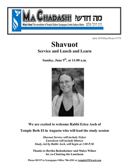 Shavuot Service and Lunch and Learn
