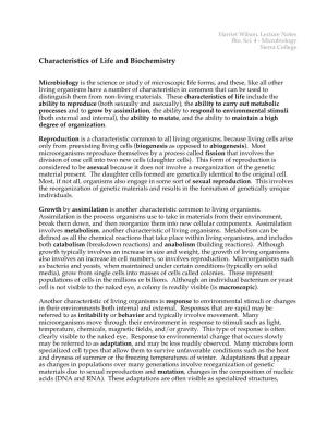 Characteristics of Life and Biochemistry