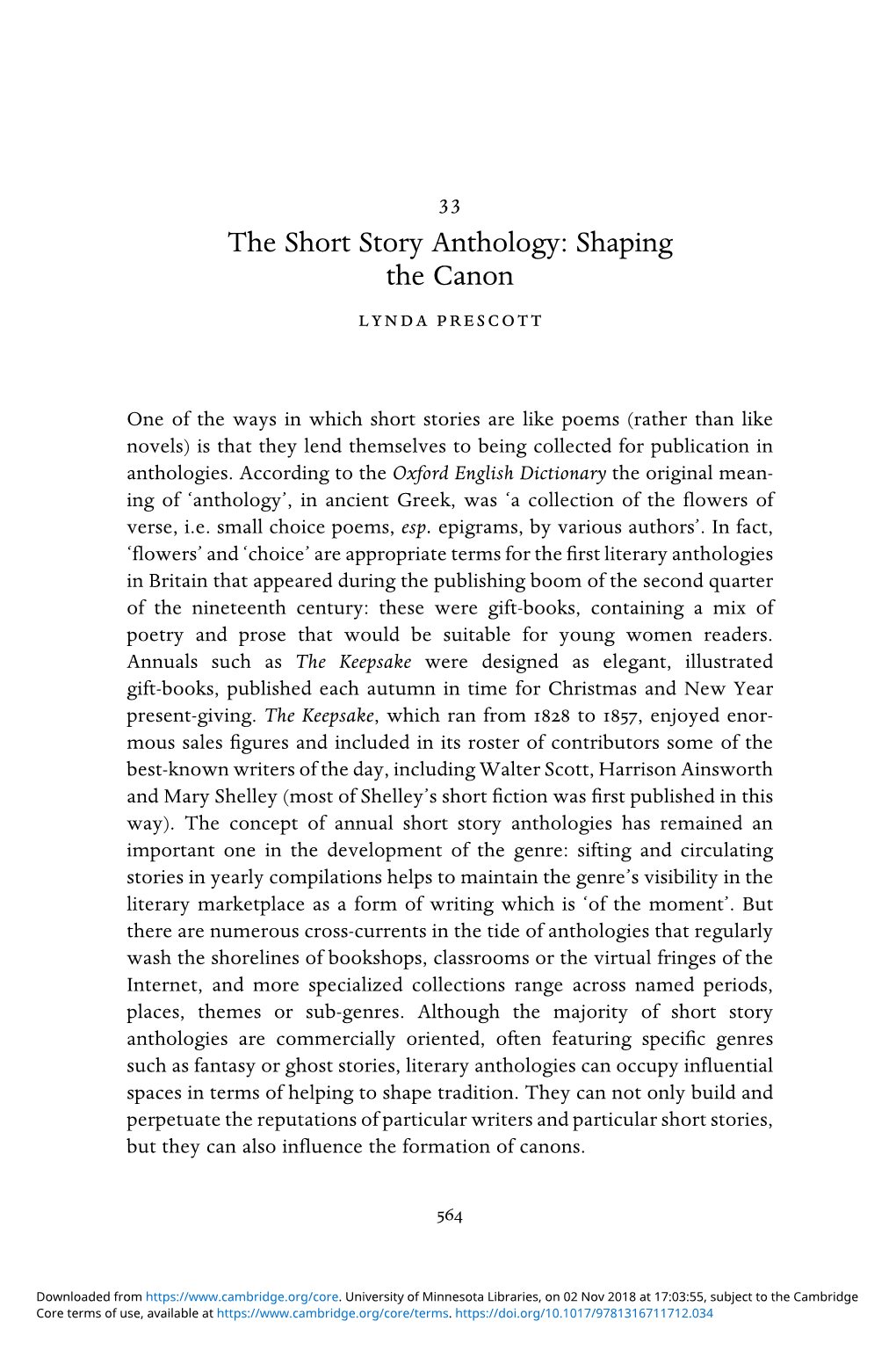 The Short Story Anthology: Shaping the Canon Lynda Prescott