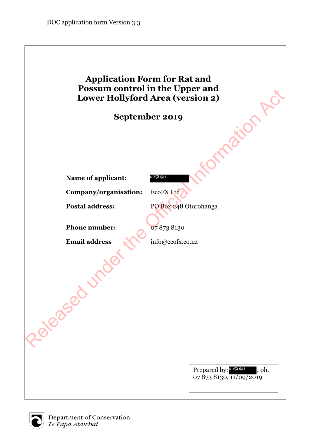 Application Form for Rat and Possum Control in the Hollyford Area