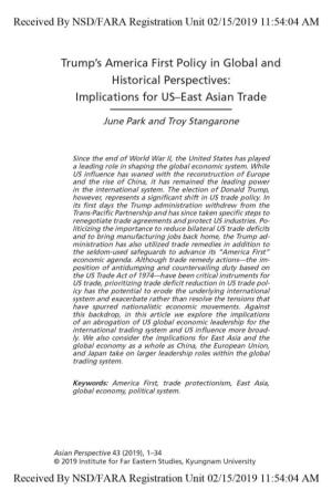 Trump's America First Policy in Global and Historical Perspectives: Implications for US-East Asian Trade