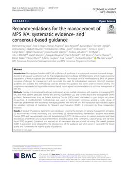 Recommendations for the Management of MPS IVA: Systematic Evidence- and Consensus-Based Guidance Mehmet Umut Akyol1, Tord D