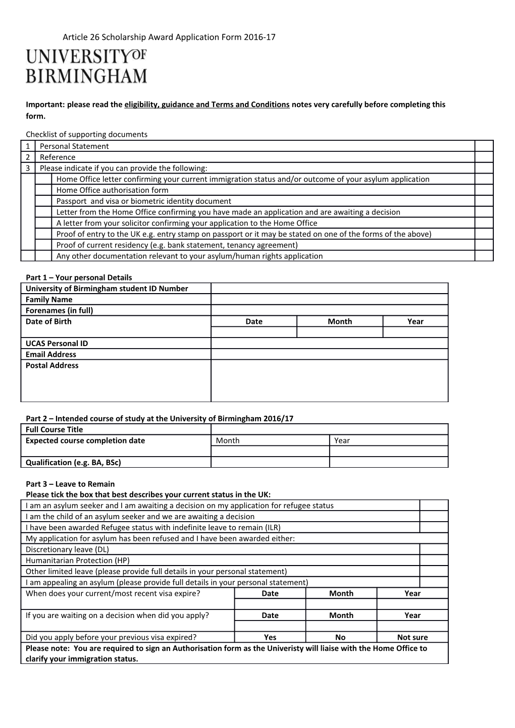 Article 26 Scholarship Award Application Form 2016-17