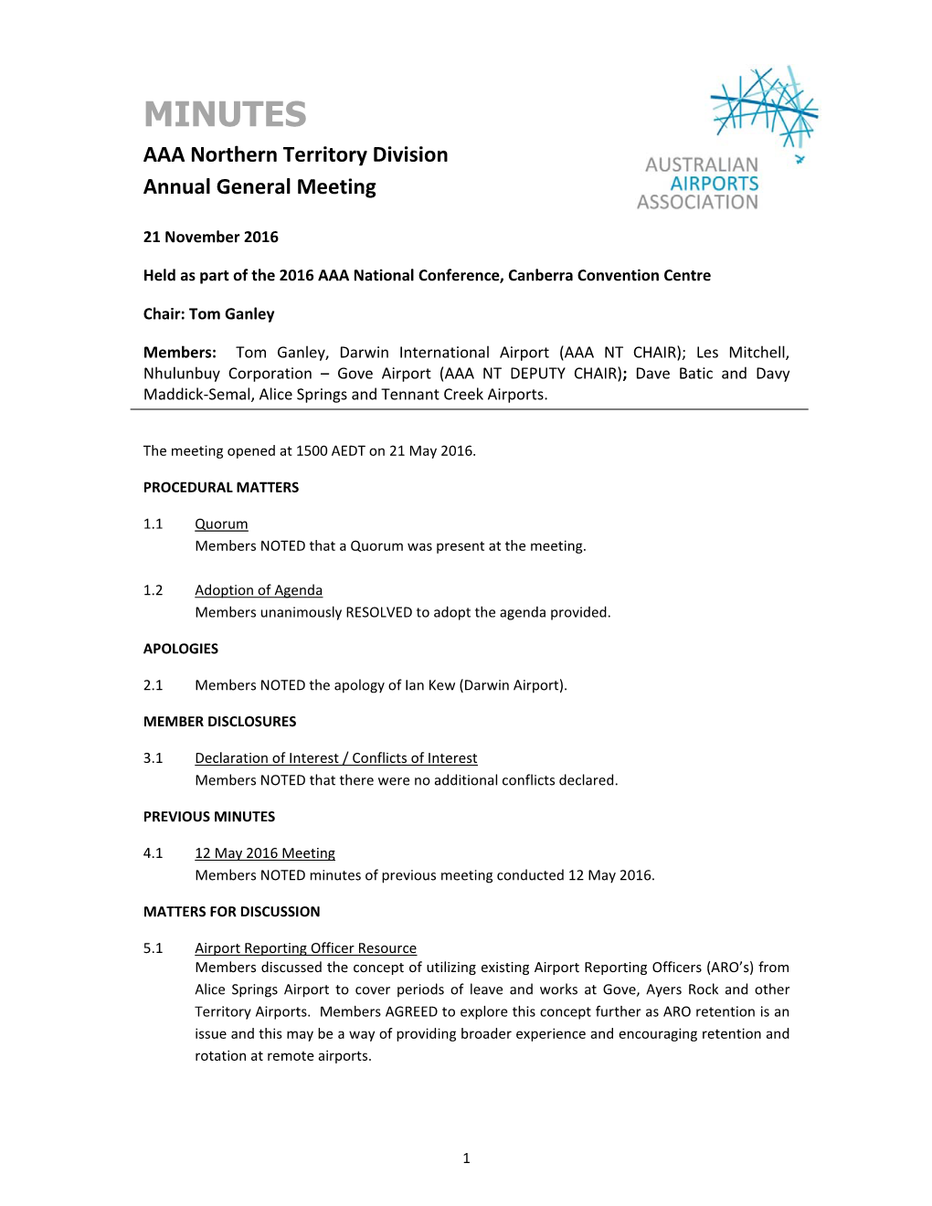 MINUTES AAA Northern Territory Division Annual General Meeting