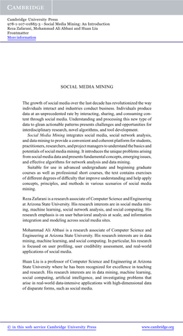 Social Media Mining: an Introduction Reza Zafarani, Mohammad Ali Abbasi and Huan Liu Frontmatter More Information