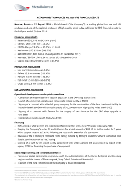 Metalloinvest Announces H1 2018 Ifrs Financial Results