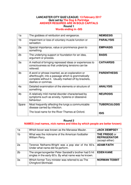 13 February 2017 Quiz Set by the Dog & Partridge ANSWER