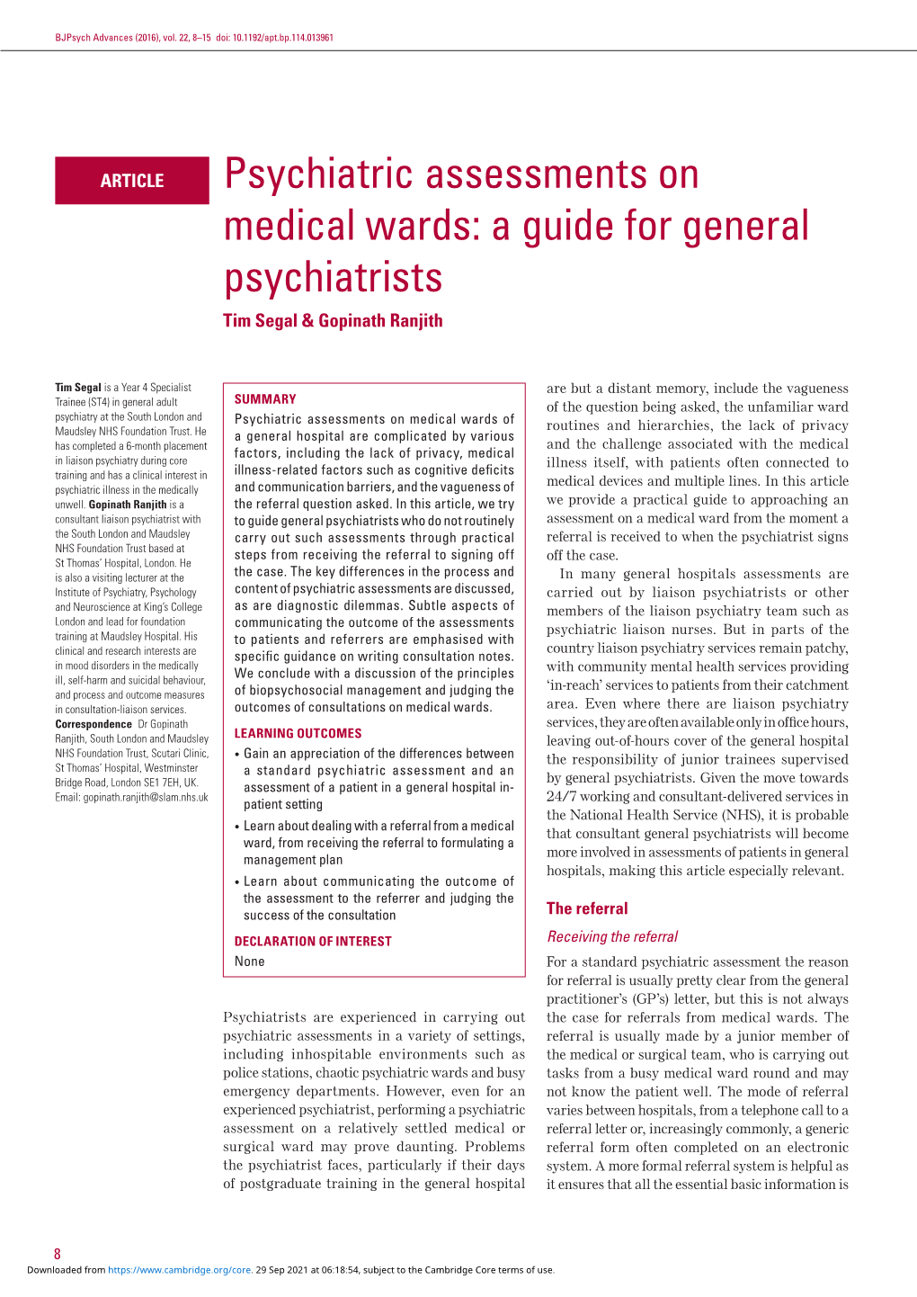Psychiatric Assessments on Medical Wards: a Guide for General Psychiatrists Tim Segal & Gopinath Ranjith