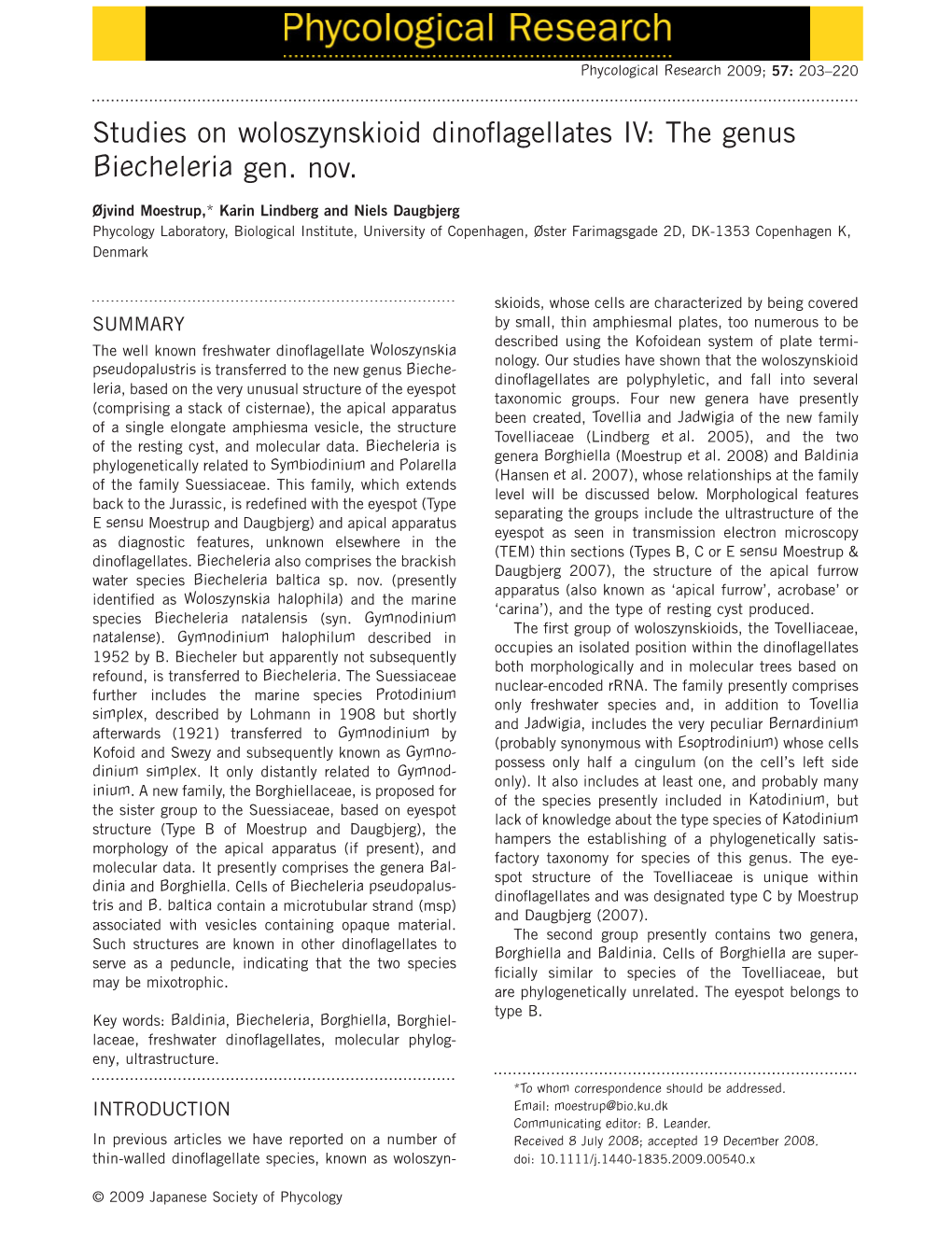 Studies on Woloszynskioid Dinoflagellates IV: the Genus Biecheleria Gen. Nov.Pre 540 203..220