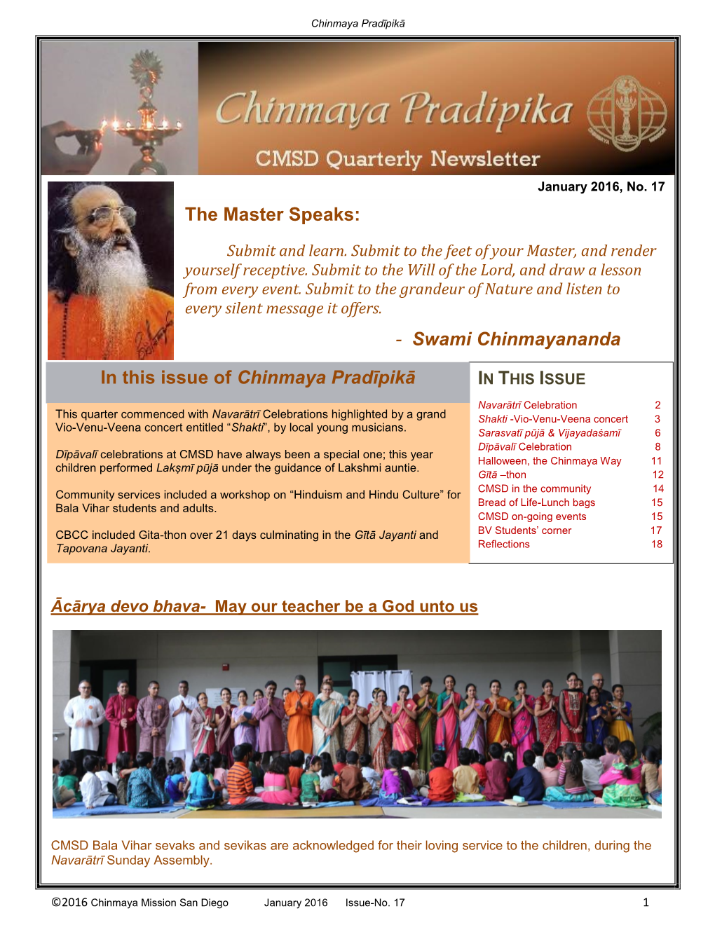 Swami Chinmayananda in This Issue of Chinmaya Pradīpikā