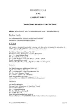 Europeaid/139549/IH/WKS/UG Subject: Works Contract Notice for The